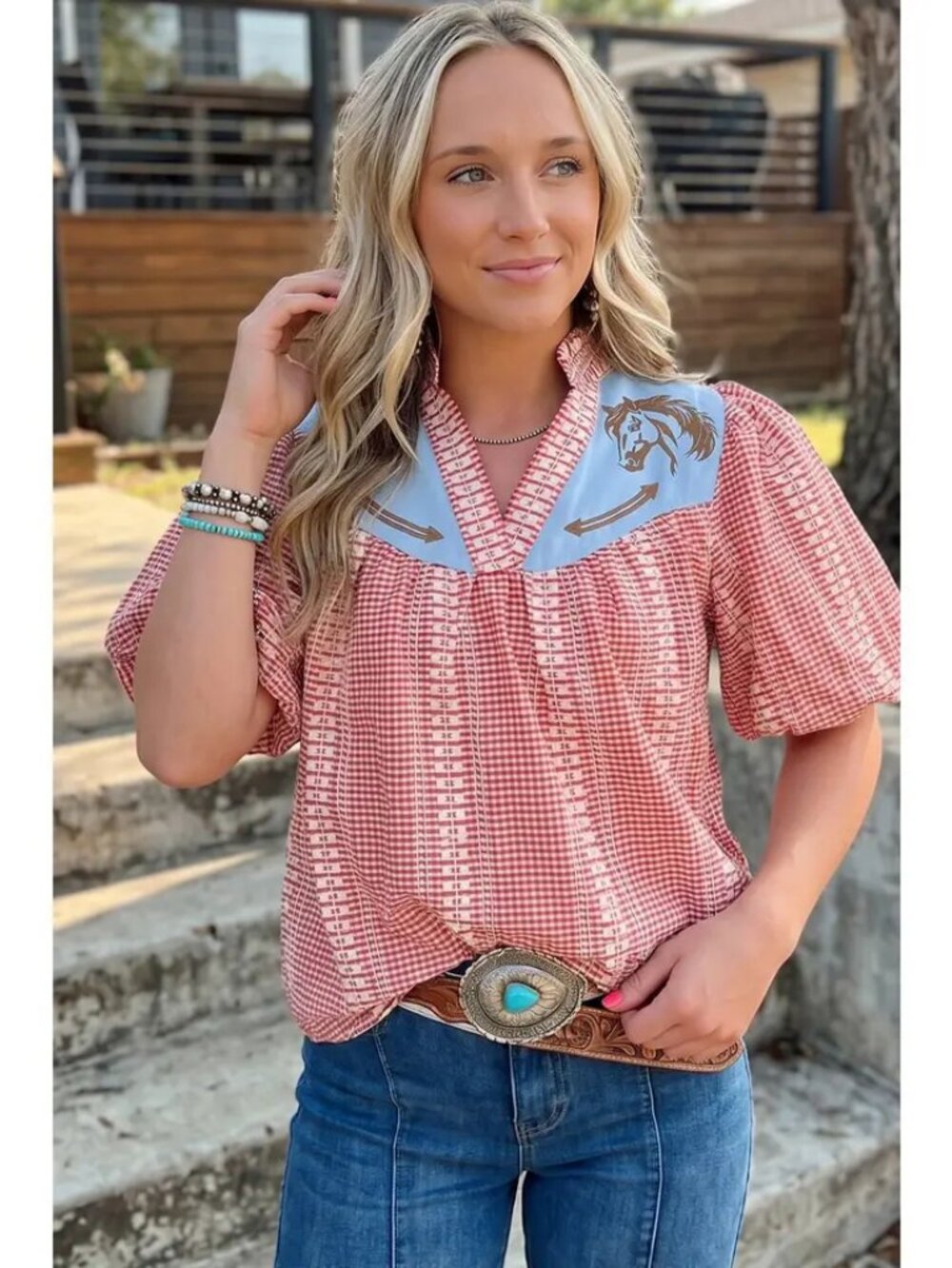 Western Pony Embroidered Yoke Puff Sleeve Gingham Blouse Red NEW